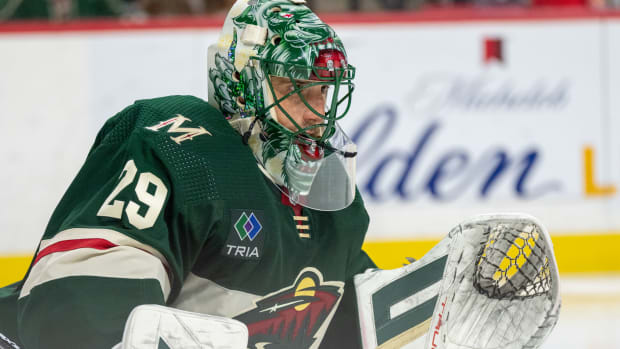 Jan 8, 2024; Saint Paul, Minnesota, USA; Minnesota Wild goaltender Marc-Andre Fleury (29) in action against the Dallas Stars in the third period at Xcel Energy Center.